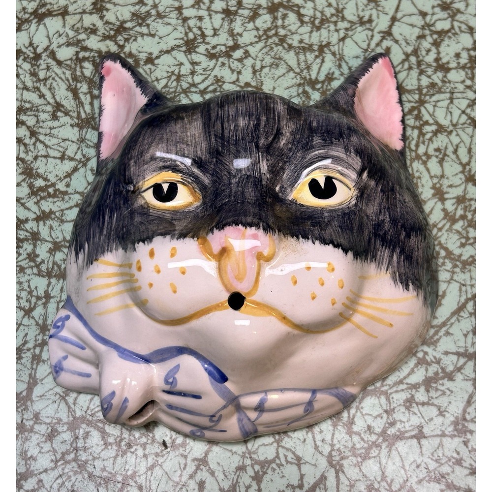 VTG Ceramic Cat Face String Holder Tuxedo Twine Wall Mount